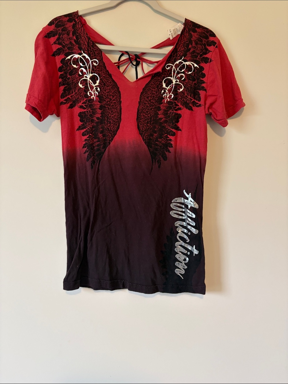 Affliction Red to Black Ombre V-Neck Tee with Wing Graphic